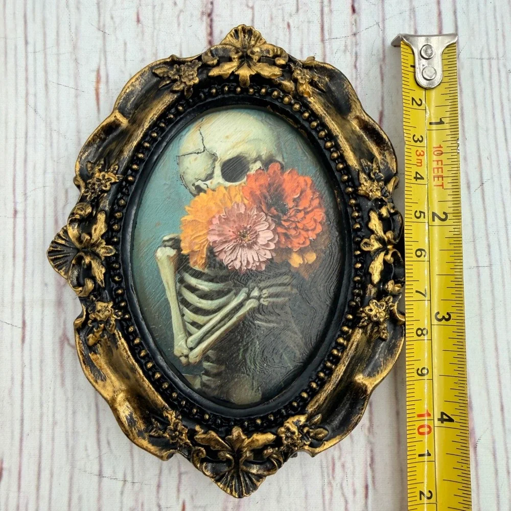 Gothic Skeleton Floral Art Print Decoupage Ornate Gold Resin Oval Frame 4
